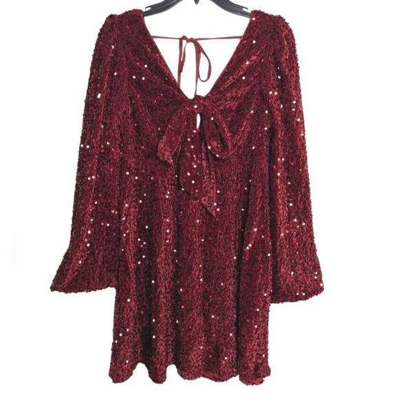 Listicle Bring The Sparkle Burgundy Red Velvet Sequin Long Poet Sleeve Dress M - Picture 4 of 9
